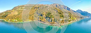 Panorama of the mountains and the road along the lake.  Ðerial view. Switzerland. Vitznau