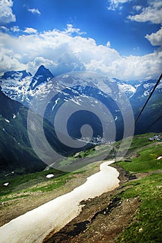 Panorama of mountains scene with dramatic blue sky in national park