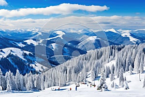 Panorama of mountains with snowy off-piste slope and blue sunlit sky at winter.