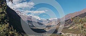 Panorama of mountains trekking Annapurna circuit, Marshyangdi river valley