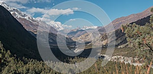 Panorama of mountains trekking Annapurna circuit, Marshyangdi river valley