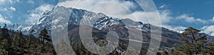 Panorama of mountains trekking Annapurna circuit, Marshyangdi river valley