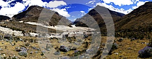 Panorama of mountains and valley in the Cordillera Blanca Mountain range along the Santa Cruz Trek near Huaraz in Peru