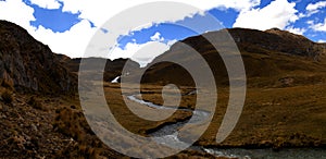 Panorama of mountains and valley of glacial rivers in the remote Cordillera Huayhuash Circuit near Caraz in Peru