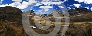 Panorama of mountains and valley in the remote Cordillera Huayhuash Circuit near Caraz in Peru