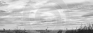 Panorama of munich city with clouds in black and white