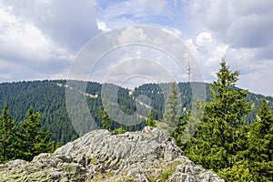 Panorama from Murgavets Peak in Rodopa Mountain, Bulgaria.