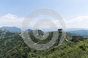 Panorama of Mutianyu section, the Great Wall of China. Mountains and hill ranges surrounded by green trees during summer. Hua
