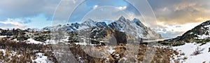 Panorama of mystic evening landscape on Lofoten islands,