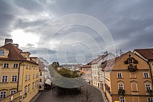 Panorama of Na Kampe Street and square on Kampa Island,in Mala Strana district, in the old town of Prague, a touristic landmark