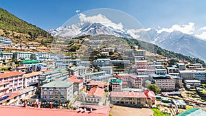 Panorama of Namche Bazaar and surrounding mountains from above  Sagarmatha  Nepal