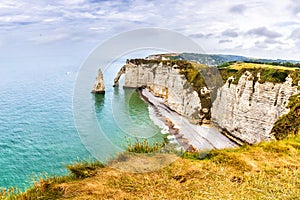 Panorama of natural chalk cliffs of Etretat