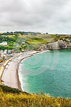 Panorama of natural chalk cliffs of Etretat