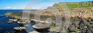 Panorama of the nature hexagon stones at the beach named Giant`s Causeway