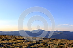 Panorama of the nature of the Northern Urals. Beautiful panoramic view. Mauntain landscape. Travel to the northern Urals