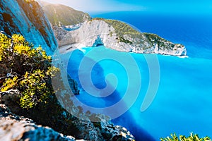 Panorama of Navagio beach Shipwreck bay Zante from view point. Zakynthos Greece