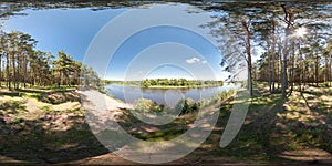 Panorama near river in sunny summer day. Full 360 degree panorama in equirectangular equidistant spherical projection, skybox for photo