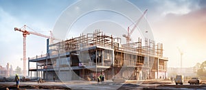 Panorama of a new building under construction with a crane on the background