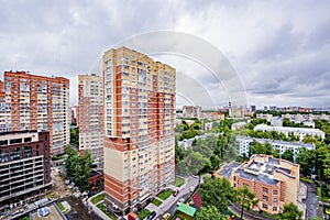 Panorama of new residential areas with multi-storey buildings in a modern Russian city