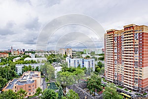 Panorama of new residential areas with multi-storey buildings in a modern Russian city