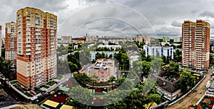 Panorama of new residential areas with multi-storey buildings in a modern Russian city