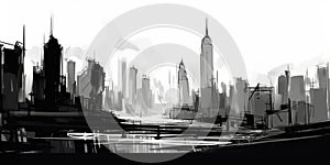 Panorama New York city USA, sketch illustration of skyscrapers, black and white