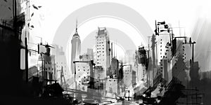 Panorama New York city USA, sketch illustration of skyscrapers, black and white