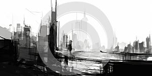 Panorama New York city USA, sketch illustration of skyscrapers, black and white