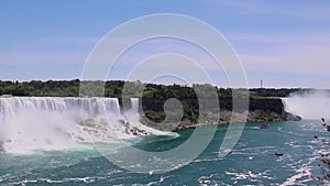 Panorama - Niagara Falls - Horseshoe Ñ– American Falls, cruise ships with tourists sailing on the river. Sunny day.