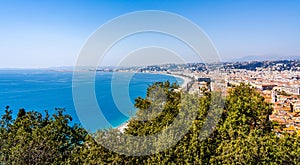 Panorama of Nice, France on the Cote d`Azur French Riviera, Mediterranean Sea seen from Castle Hill