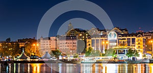 Panorama of night city with embankment of Rostov-on-Don