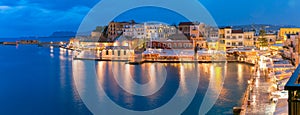 Panorama night Venetian quay, Chania, Crete