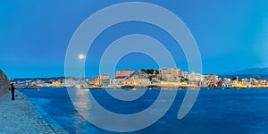 Panorama of night Venetian quay, Chania, Crete