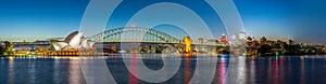 Panorama night view of Sydney Harbour bridge and City Skyline of circular quay the bridge nsw Australia