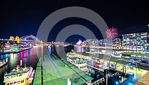 Sydney Panorama night view of Sydney Harbour and City Skyline of circular quay the bridge nsw Australia