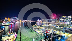 Panorama night view of Sydney Harbour and City Skyline of circular quay the bridge nsw Australia