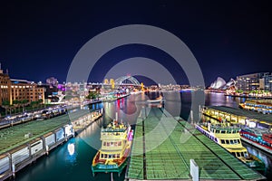 Panorama night view of Sydney Harbour and City Skyline of circular quay the bridge nsw Australia