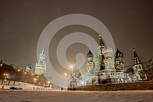 Panorama night winter view of Red Square in snow at Moscow