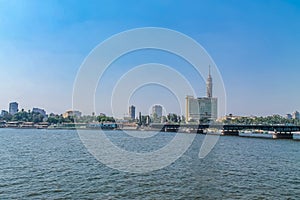 Panorama of the Nile River, view of the Cairo city bridges buildings and pyramids