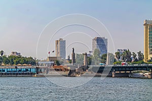 Panorama of the Nile River, view of the Cairo city bridges buildings and pyramids