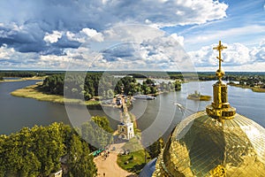 Panorama of the Nilo-Stolobensky desert in the Tver region on the background of lake Seliger from the dome of the Epiphany Cathedr