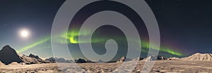 PANORAMA - Northern Lights above the Arctic glacier - Svalbard, Spitsbergen