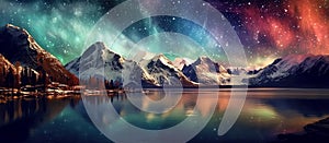 panorama with northern lights in night starry sky against background of mountains and lakes. Generative AI illustration