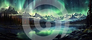 panorama with northern lights in night starry sky against background of mountains and lakes. Generative AI illustration