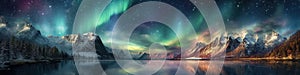 panorama with northern lights in night starry sky against background of mountains and lakes. Generative AI illustration