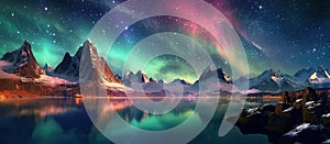 panorama with northern lights in night starry sky against background of mountains and lakes. Generative AI illustration