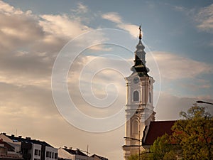 Panorama of Novi sad at dusk, in Serbia, with a focus on the uspenjska crkva, also called Dormition church, a Serbian Orthodox