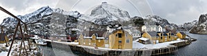 Panorama of Nusfjord fishing harbor in the winter time on the Lo