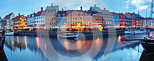 Panorama of Nyhavn in Copenhagen, Denmark.