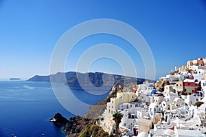 Panorama of Oia and some islands of Santorini archipelago in Greece. A strategic point to see the sunset.